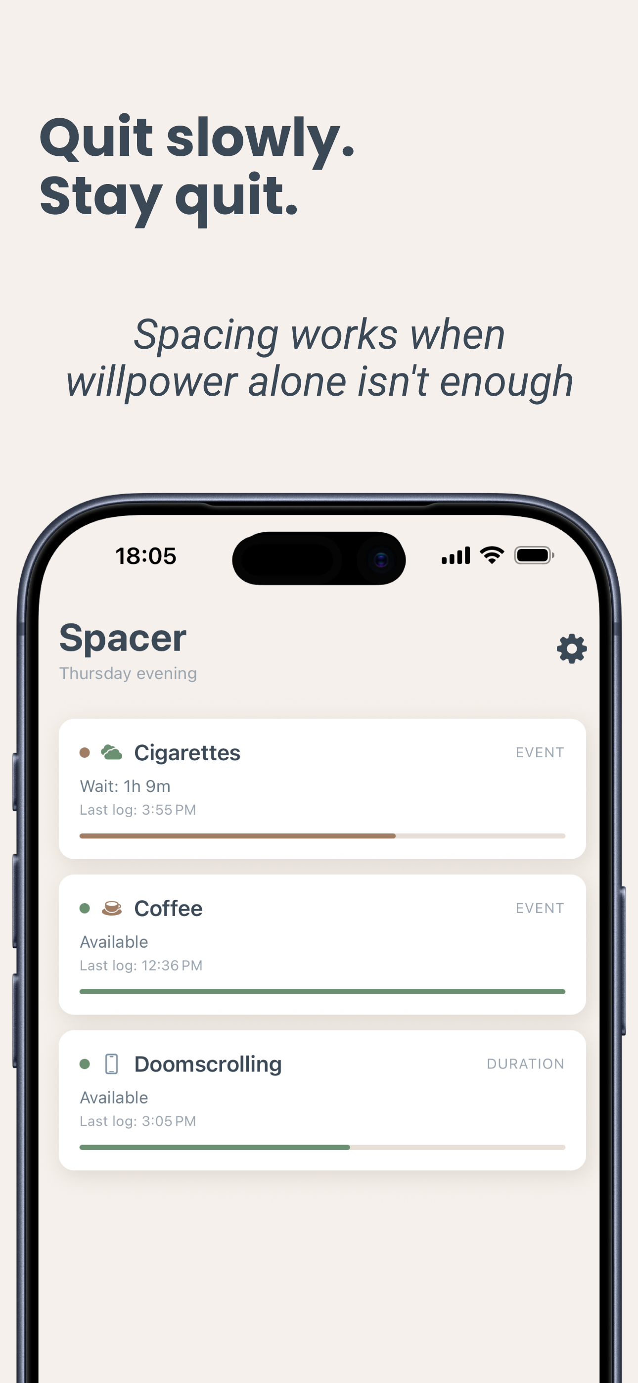 Spacer dashboard listing several tracked habits, each with its own progress