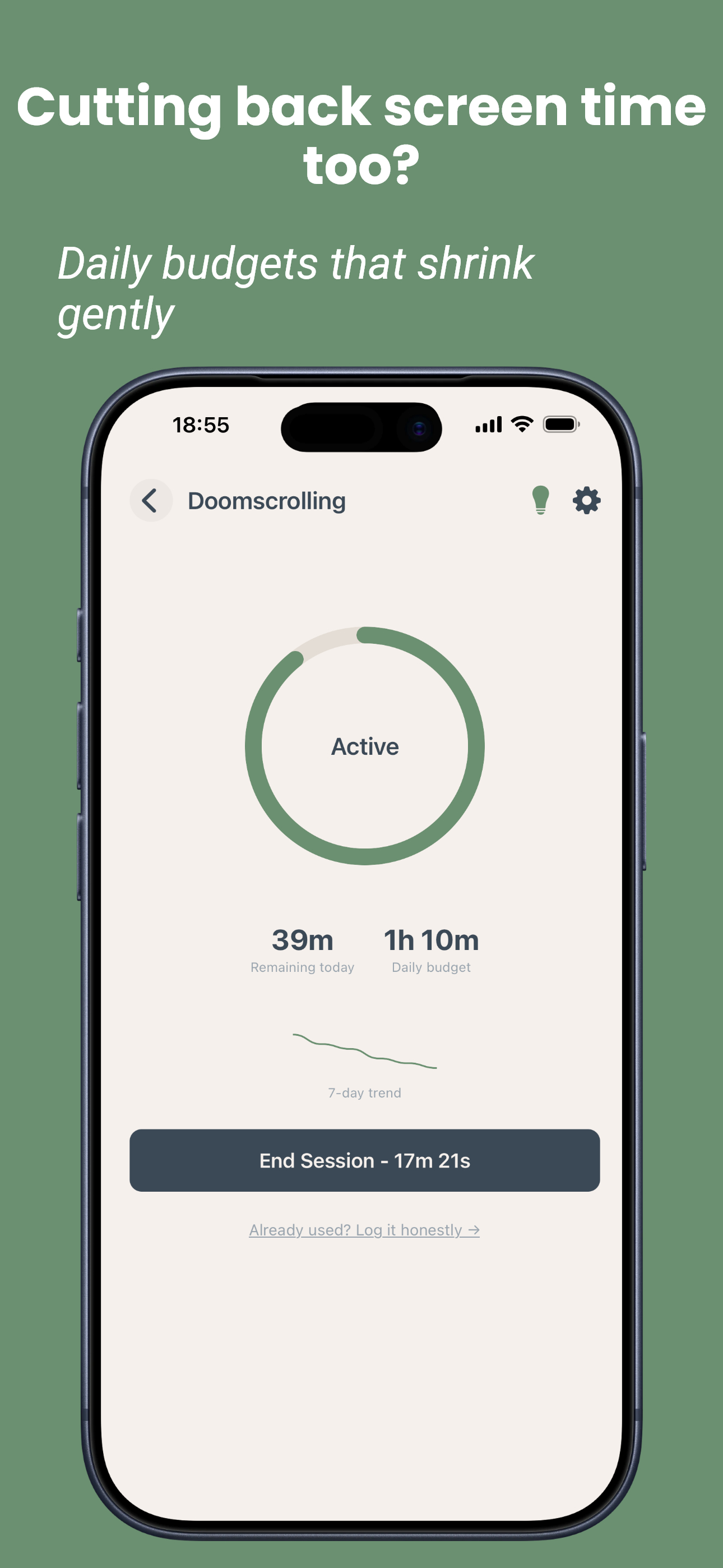 An active screen-time session with a daily budget that shrinks over time